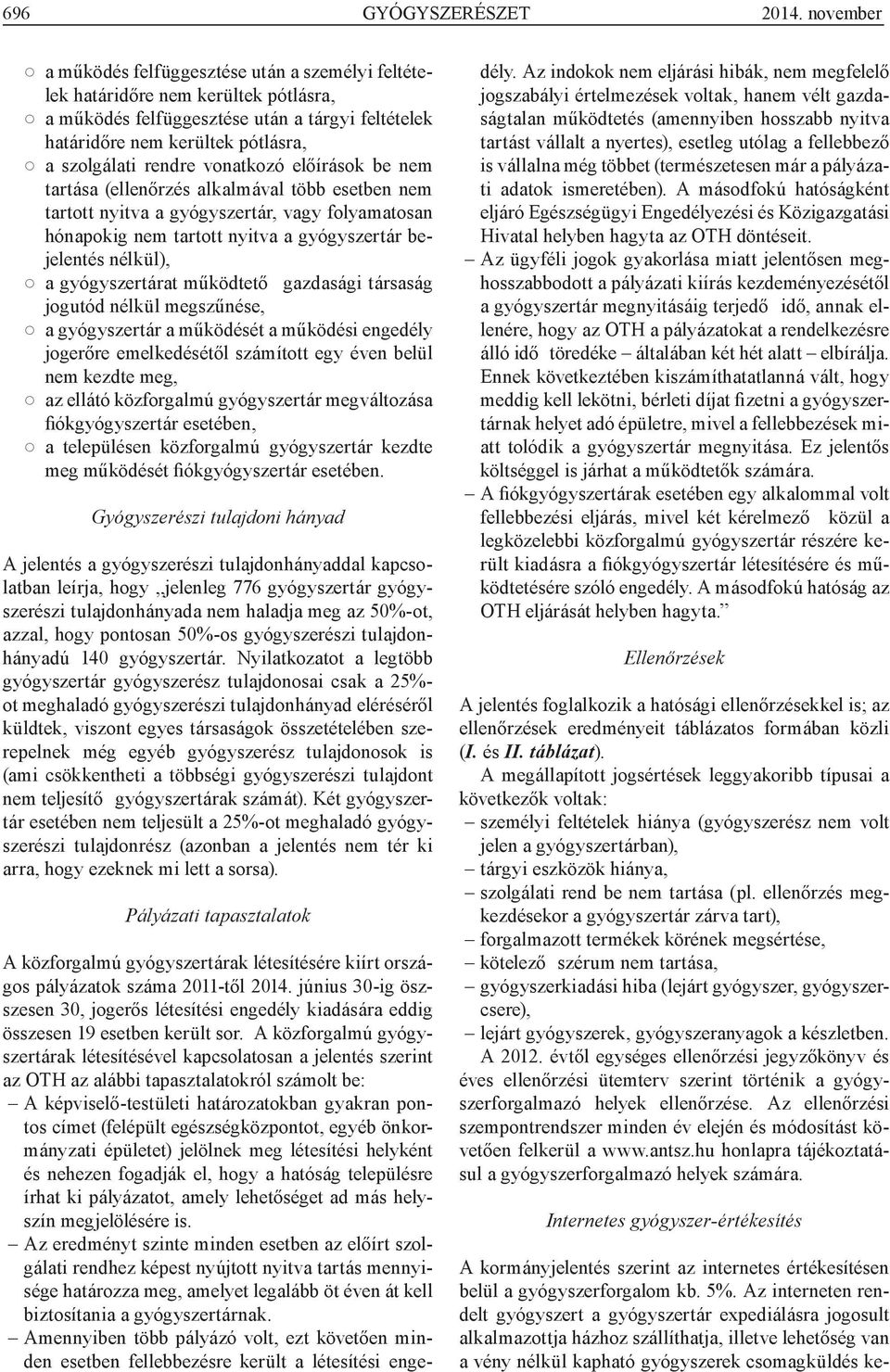 vonatkozó előírások be nem tartása (ellenőrzés alkalmával több esetben nem tartott nyitva a gyógyszertár, vagy folyamatosan hónapokig nem tartott nyitva a gyógyszertár bejelentés nélkül), a