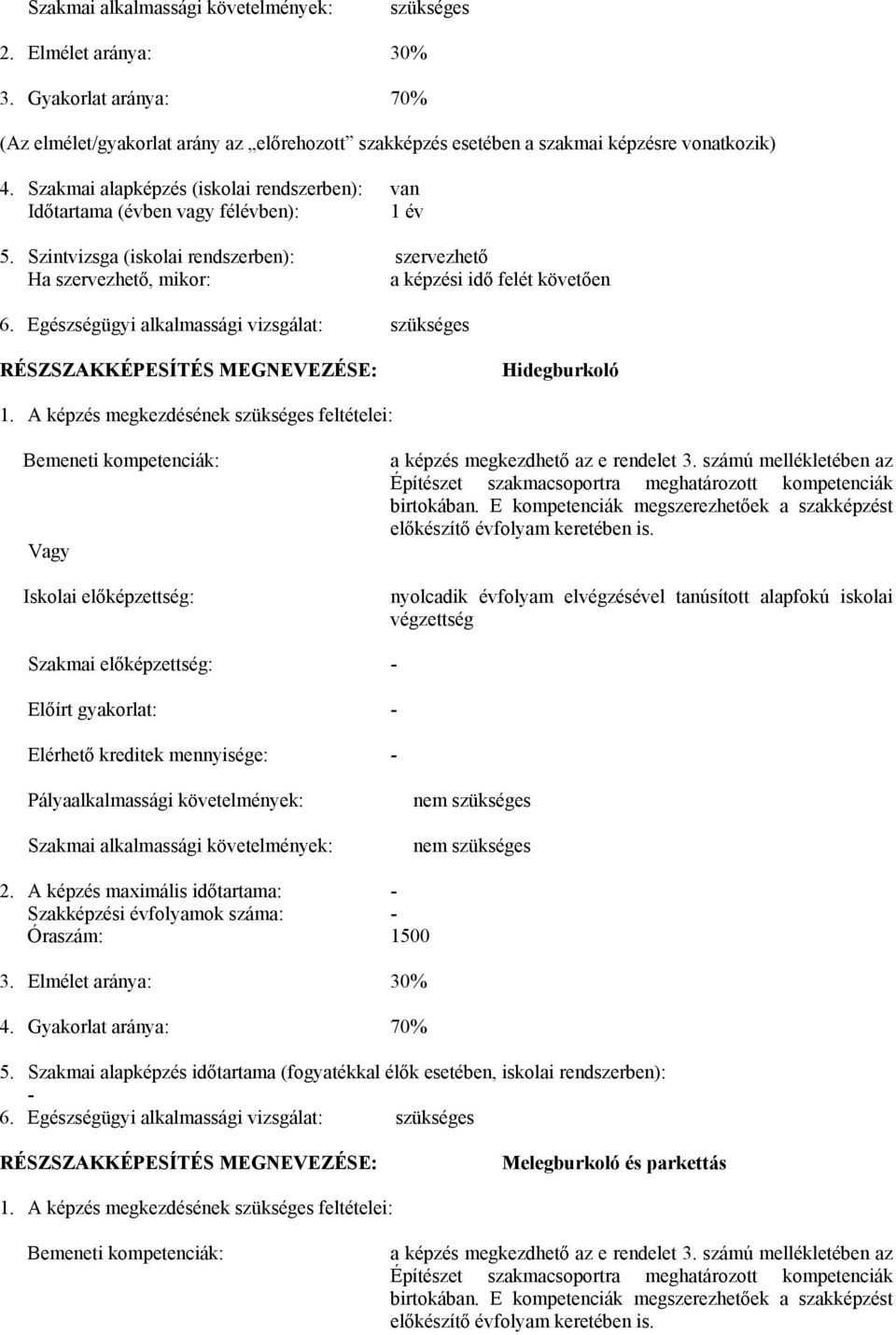 Egészségügyi alkalmassági vizsgálat: szükséges RÉSZSZAKKÉPESÍTÉS MEGNEVEZÉSE: Hidegburkoló 1.