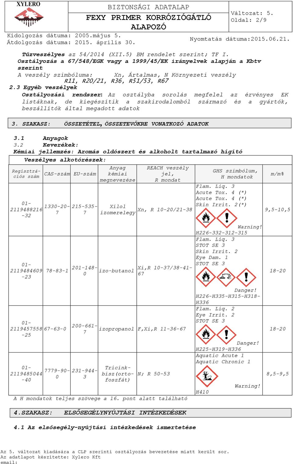 3 Egyéb veszélyek Osztályozási rendszer: Az osztályba sorolás megfelel az érvényes EK listáknak, de kiegészítik a szakirodalomból származó és a gyártók, beszállítók által megadott adatok 3.