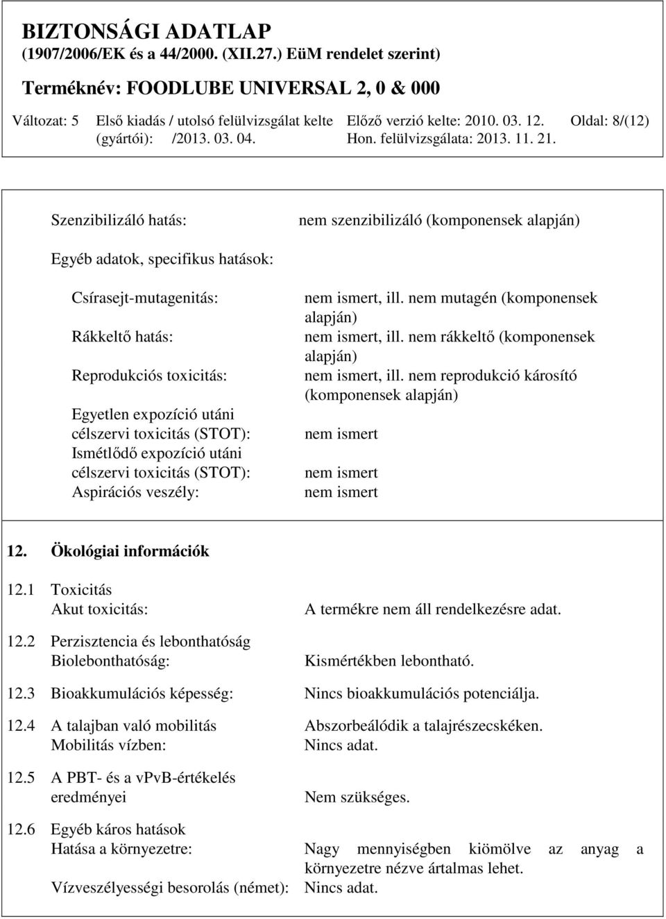 nem rákkeltő (komponensek alapján) nem ismert, ill. nem reprodukció károsító (komponensek alapján) nem ismert nem ismert nem ismert 12. Ökológiai információk 12.1 Toxicitás Akut toxicitás: 12.