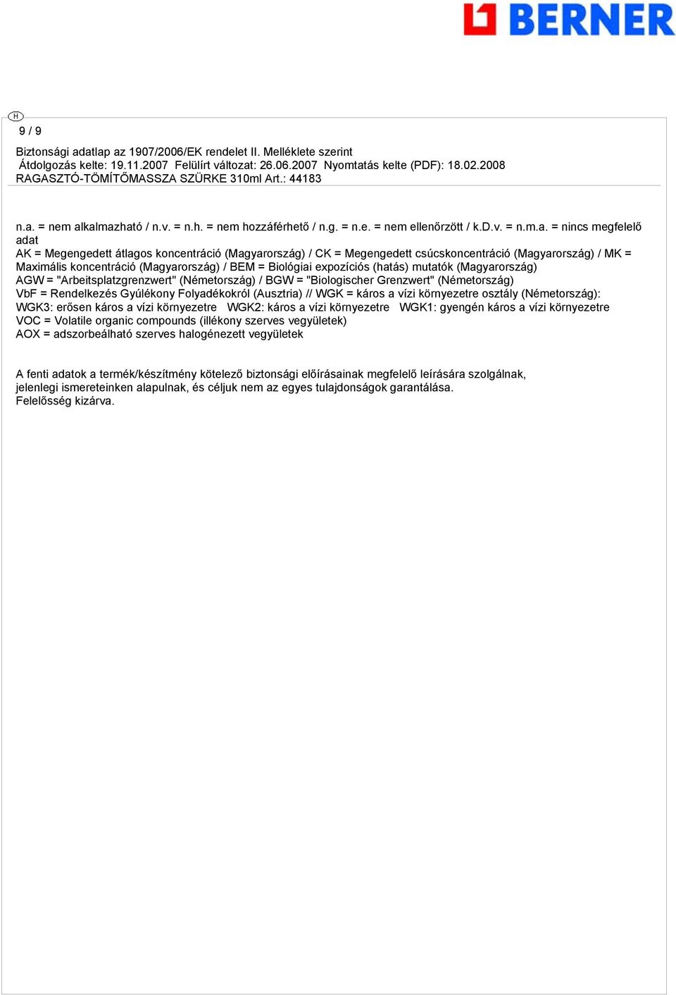 csúcskoncentráció (Magyarország) / MK = Maximális koncentráció (Magyarország) / BEM = Biológiai expozíciós (hatás) mutatók (Magyarország) AGW = "Arbeitsplatzgrenzwert" (Németország) / BGW =