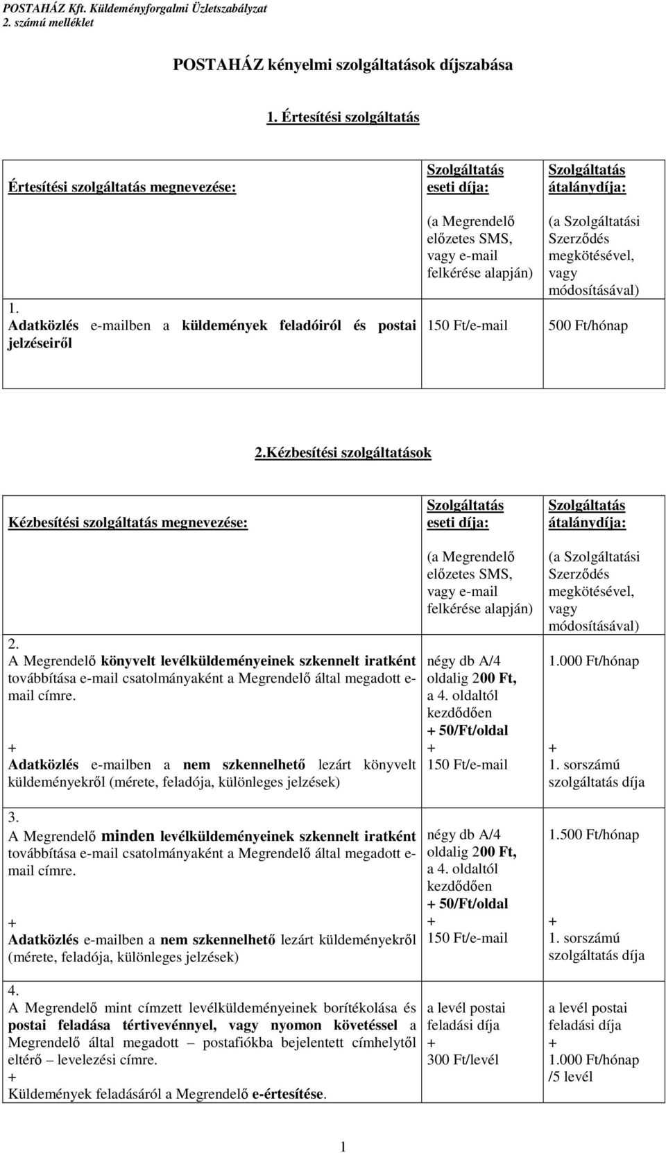 Ft/e-mail 500 Ft/hónap 2.Kézbesítési szolgáltatások Kézbesítési szolgáltatás megnevezése: Szolgáltatás eseti díja: Szolgáltatás átalánydíja: 2.