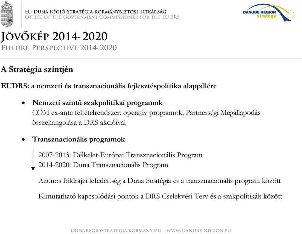 programok 2007-2013: Délkelet-Európai Transznacionális Program 2014-2020: Duna Transznacionális Program Azonos földrajzi