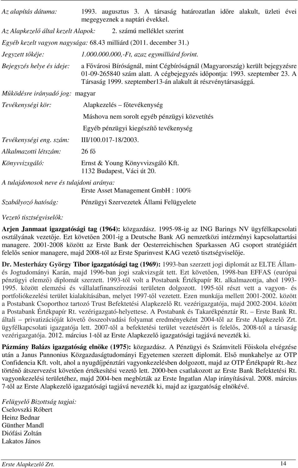 szám: Alkalmazotti létszám: Könyvvizsgáló: 1.000.000.000,-Ft, azaz egymilliárd forint. a Fővárosi Bíróságnál, mint Cégbíróságnál (Magyarország) került bejegyzésre 01-09-265840 szám alatt.