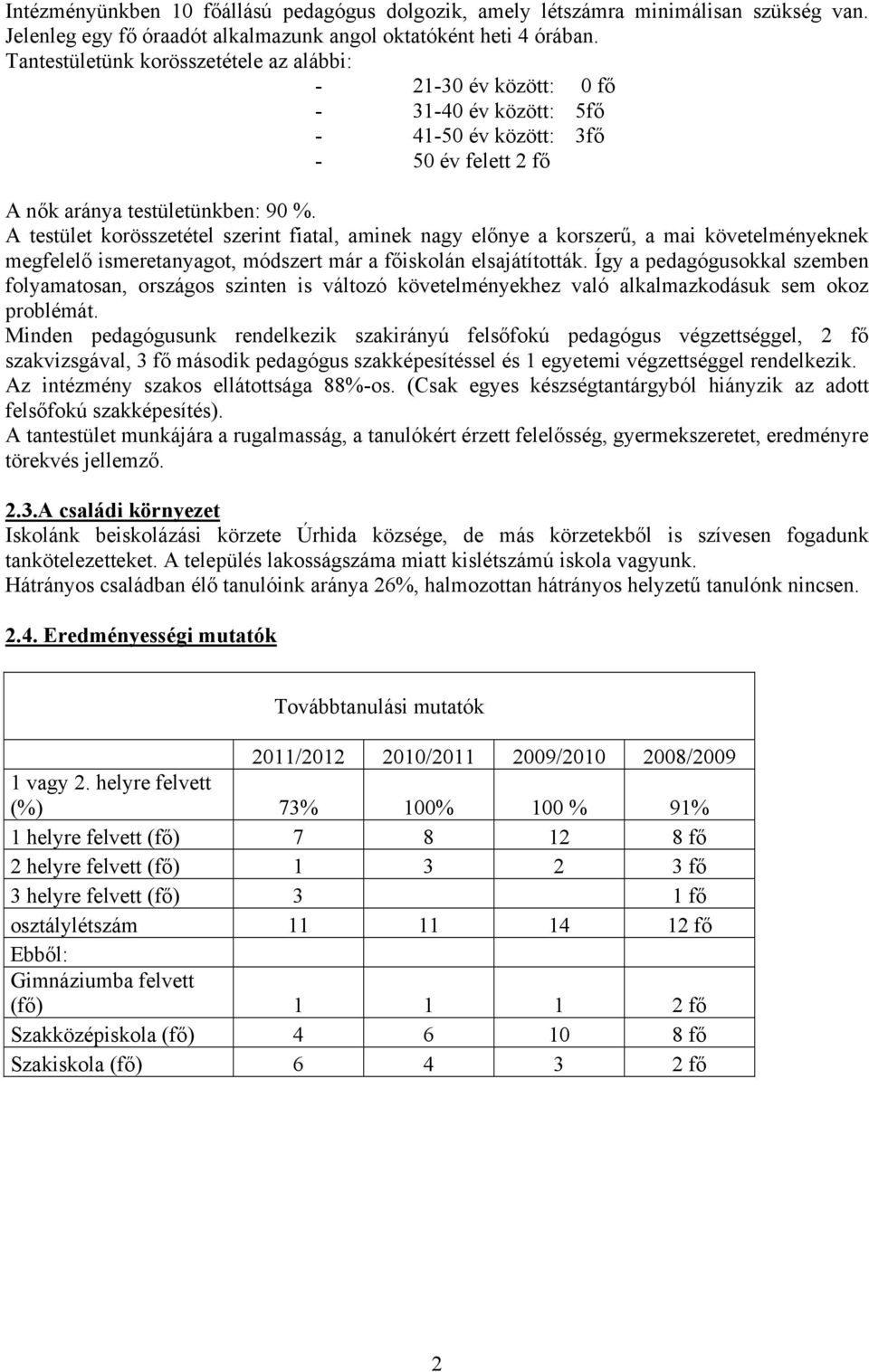 A testület korösszetétel szerint fiatal, aminek nagy előnye a korszerű, a mai követelményeknek megfelelő ismeretanyagot, módszert már a főiskolán elsajátították.