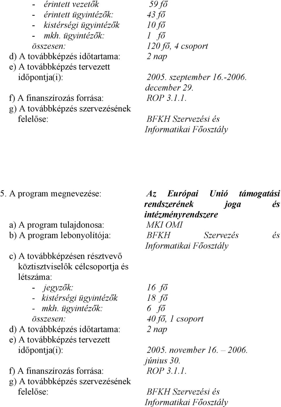 A program megnevezése: Az Európai Unió támogatási rendszerének joga és intézményrendszere a) A program tulajdonosa: MKI OMI b) A program lebonyolítója: BFKH Szervezés és c) A továbbképzésen résztvevő