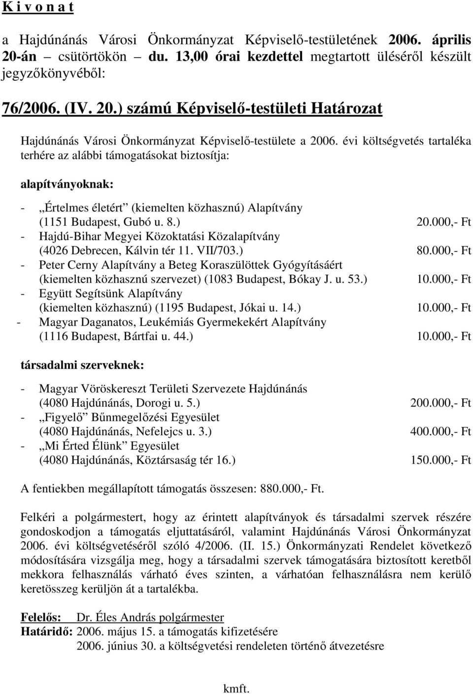 000,- Ft - Hajdú-Bihar Megyei Közoktatási Közalapítvány (4026 Debrecen, Kálvin tér 11. VII/703.) 80.