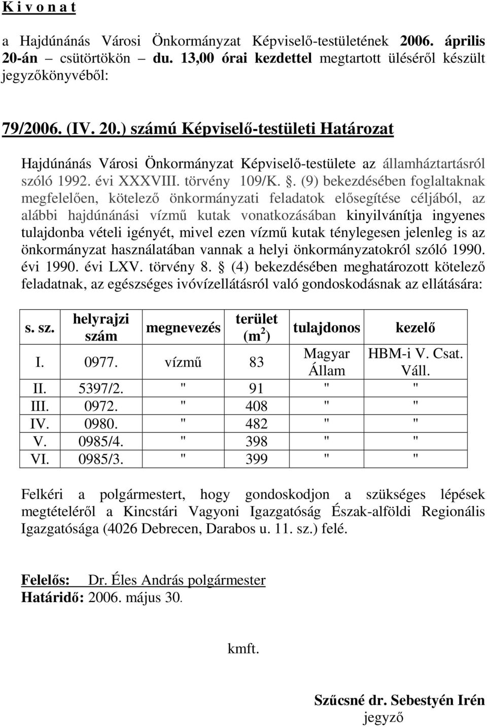 mivel ezen vízmő kutak ténylegesen jelenleg is az önkormányzat használatában vannak a helyi önkormányzatokról szóló 1990. évi 1990. évi LXV. törvény 8.