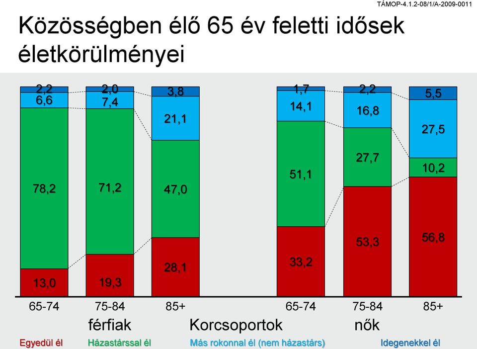 47,0 51,1 27,7 10,2 53,3 56,8 13,0 19,3 28,1 33,2 65-74 Egyedül él 75-84 85+