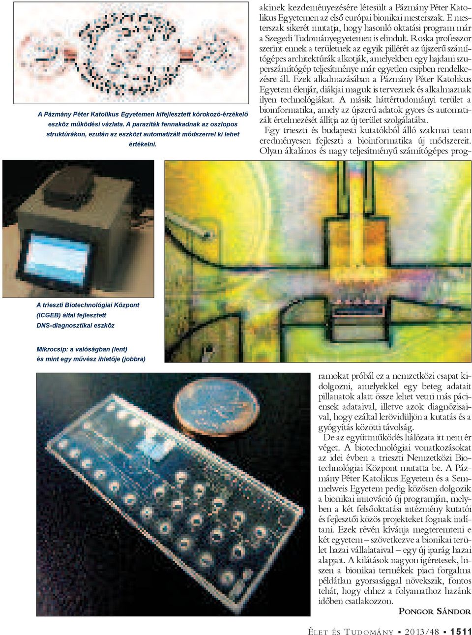 A trieszti Biotechnológiai Központ (ICGEB) által fejlesztett DNS-diagnosztikai eszköz Mikrocsip: a valóságban (lent) és mint egy m vész ihlet je (jobbra) akinek kezdeményezésére létesült a Pázmány