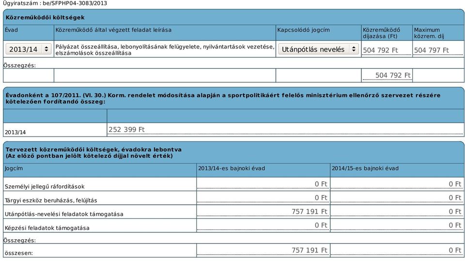 rendelet módosítása alapján a sportpolitikáért f elelős minisztérium ellenőrző szervezet részére kötelezően fordítandó összeg: 2013/14 252 399 Ft Tervezett közreműködői költségek, évadokra lebontva