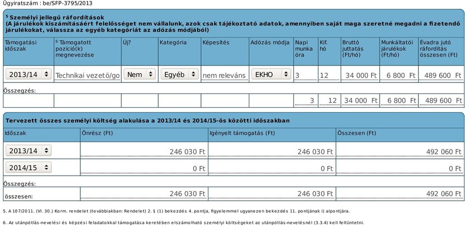 hó Bruttó juttatás (Ft/hó) Munkáltatói járulékok (Ft/hó) Évadra jutó ráfordítás összesen (Ft) 2013/14 Technikai vezetö/gondok Nem Egyéb nem releváns EKHO 3 12 34 000 Ft 6 800 Ft 489 600 Ft 3 12 34