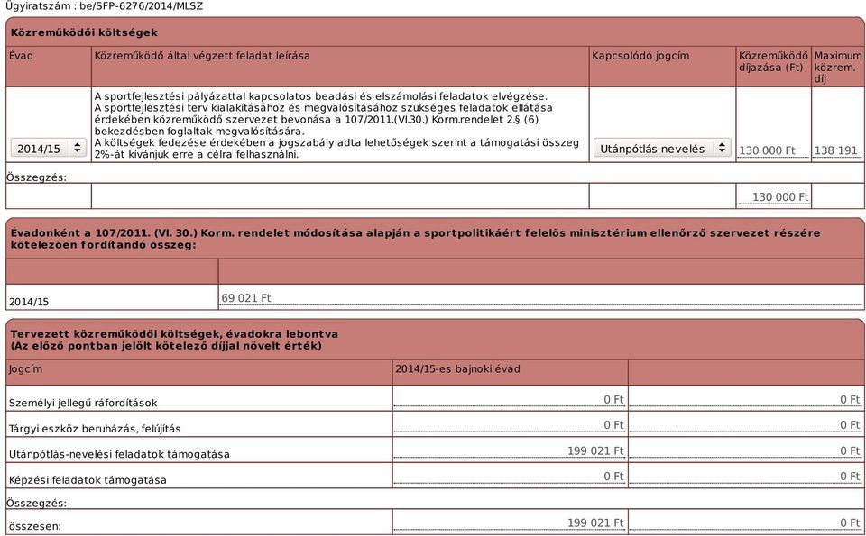 (6) bekezdésben foglaltak megvalósítására. A költségek fedezése érdekében a jogszabály adta lehetőségek szerint a támogatási összeg 2%-át kívánjuk erre a célra felhasználni.