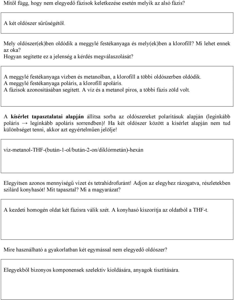 A meggylé festékanyaga poláris, a klorofill apoláris. A fázisok azonosításában segített. A víz és a metanol piros, a többi fázis zöld volt.