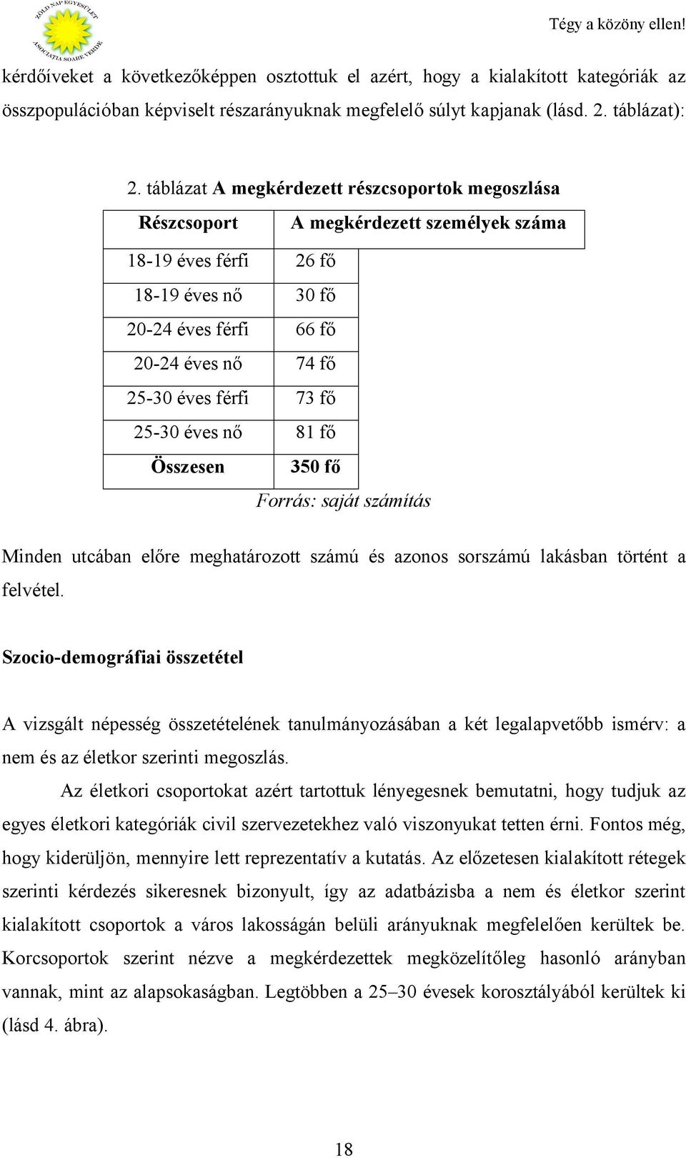 fő 25-30 éves nő 81 fő Összesen 350 fő Forrás: saját számítás Minden utcában előre meghatározott számú és azonos sorszámú lakásban történt a felvétel.