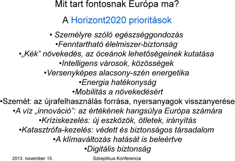 kutatása Intelligens városok, közösségek Versenyképes alacsony-szén energetika Energia hatékonyság Mobilitás a növekedésért Szemét: az