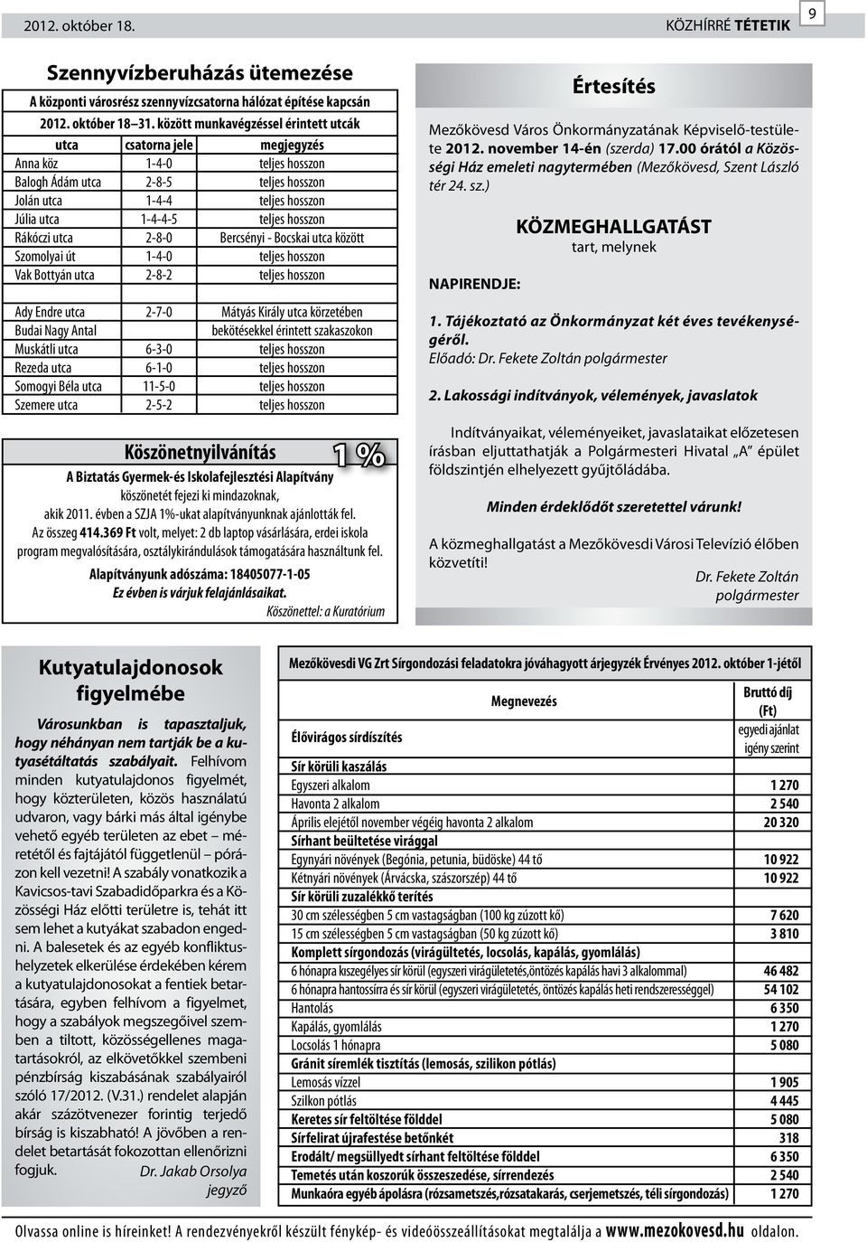 megjegyzés Bercsényi - Bocskai utca között Ady Endre utca Budai Nagy Antal Muskátli utca Rezeda utca Somogyi Béla utca Szemere utca 2-7-0 6-3-0 6-1-0 11-5-0 2-5-2 Mátyás Király utca körzetében