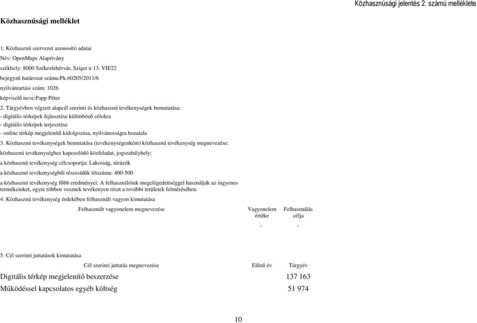 Tárgyévben végzett alapcél szerinti és közhasznú tevékenységek bemutatása: - digitális térképek fejlesztése különböző célokra - digitális térképek terjesztése - online térkép megjelenítő kidolgozása,