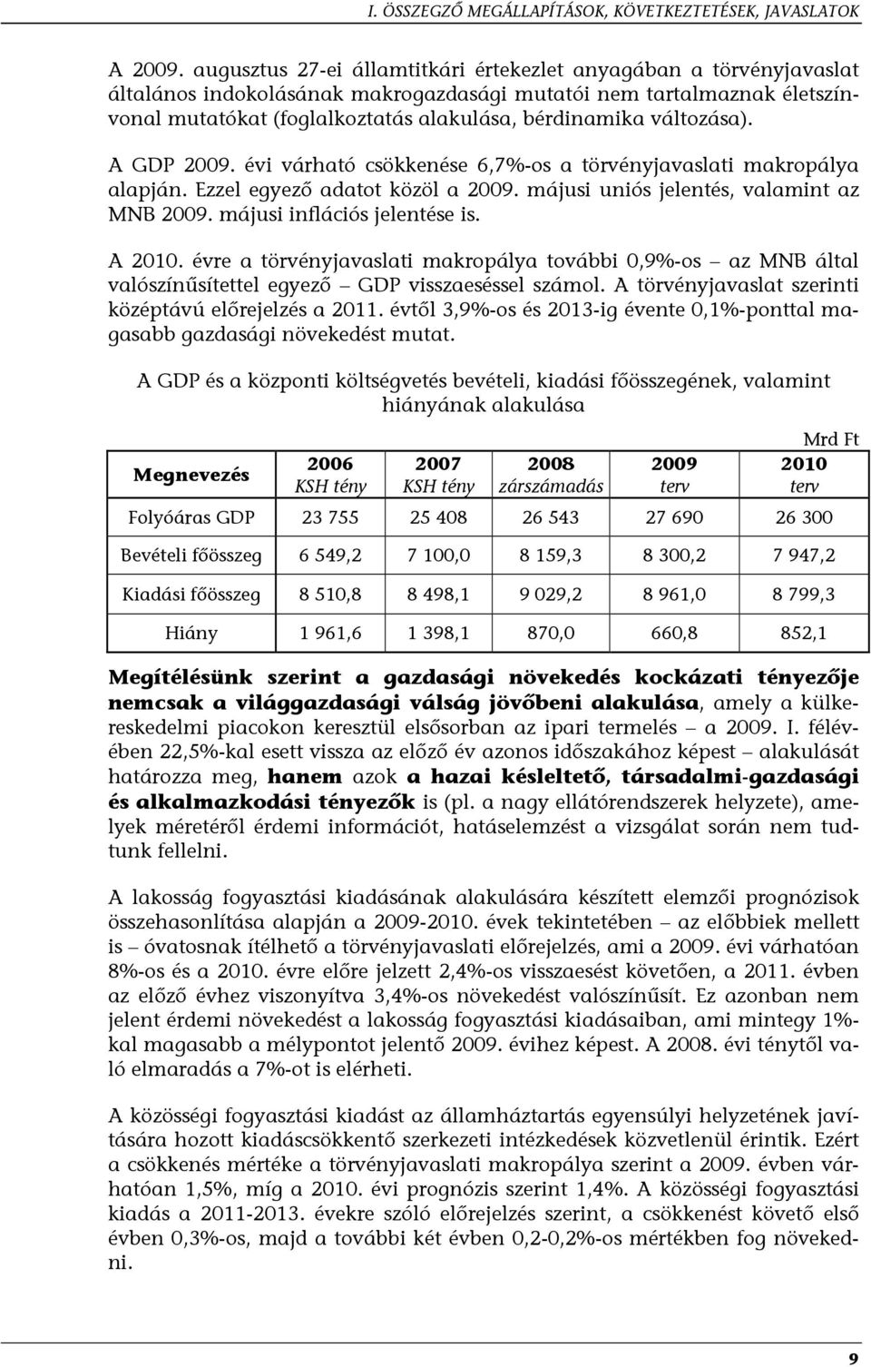 változása). A GDP 2009. évi várható csökkenése 6,7%-os a törvényjavaslati makropálya alapján. Ezzel egyező adatot közöl a 2009. májusi uniós jelentés, valamint az MNB 2009.