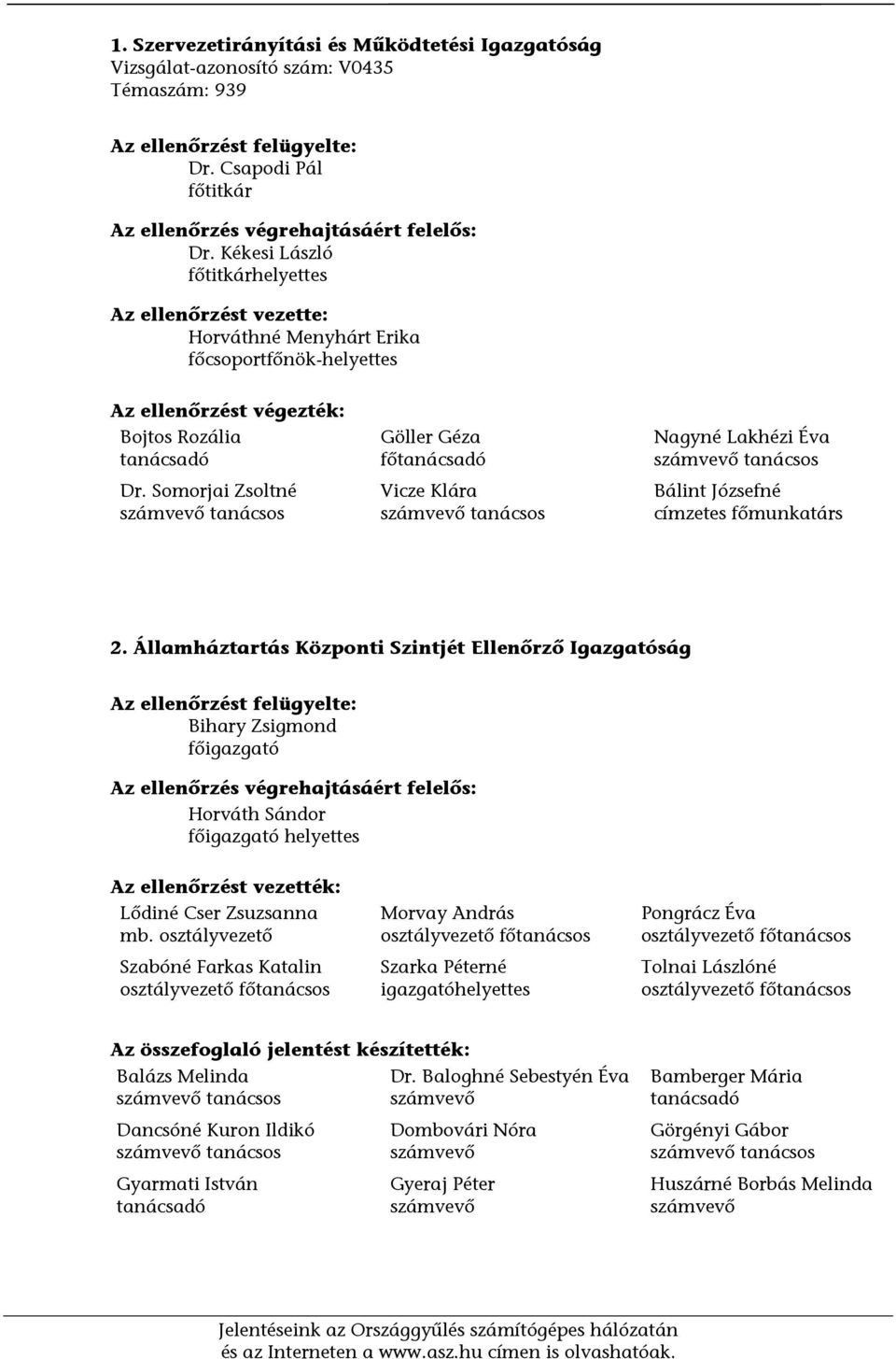 Somorjai Zsoltné számvevő tanácsos Göller Géza főtanácsadó Vicze Klára számvevő tanácsos Nagyné Lakhézi Éva számvevő tanácsos Bálint Józsefné címzetes főmunkatárs 2.