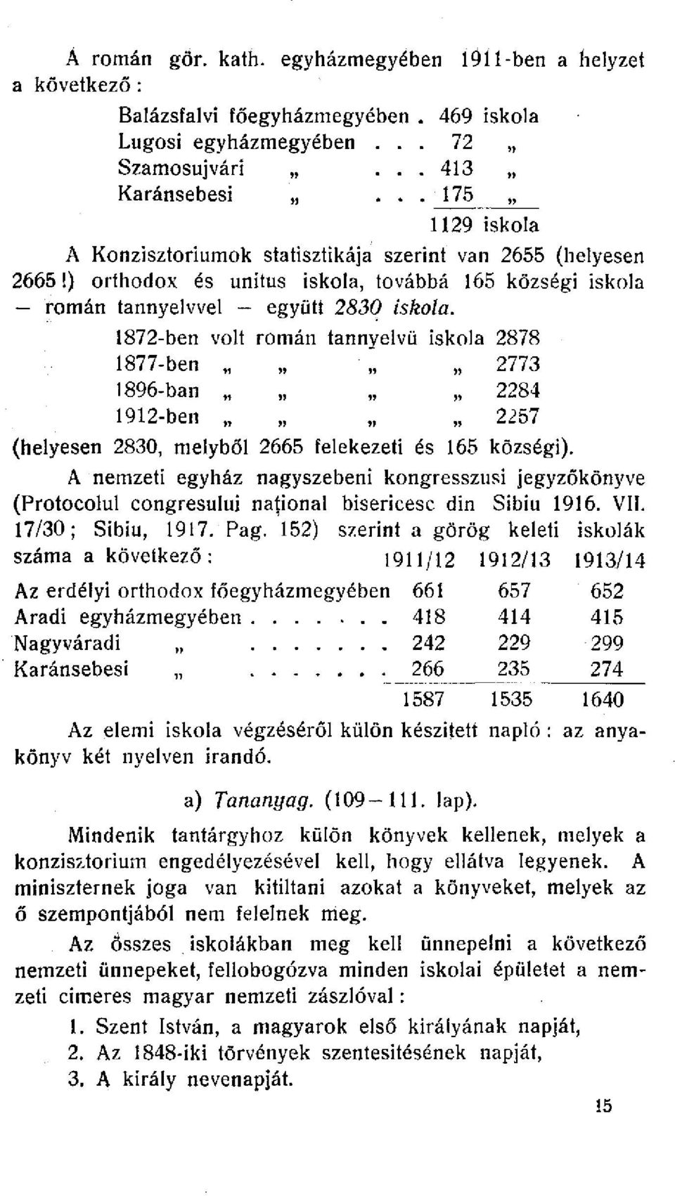 1872-ben volt román tannyelvű iskola 2878 1877-ben 2773 1896-ban 2284 1912-ben 2257 (helyesen 2830, melyből 2665 felekezeti és 165 községi).