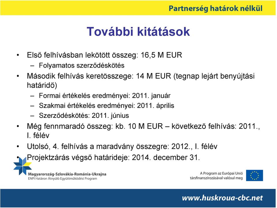 január Szakmai értékelés eredményei: 2011. április Szerződéskötés: 2011. június Még fennmaradó összeg: kb.