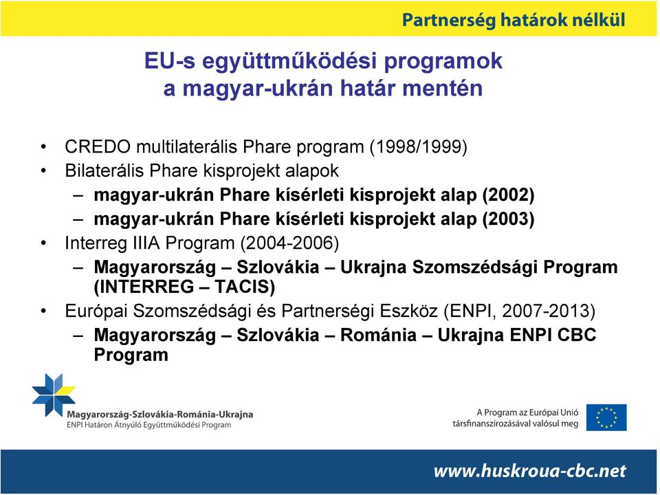 kísérleti kisprojekt alap (2003) Interreg IIIA Program (2004-2006) Magyarország Szlovákia Ukrajna Szomszédsági