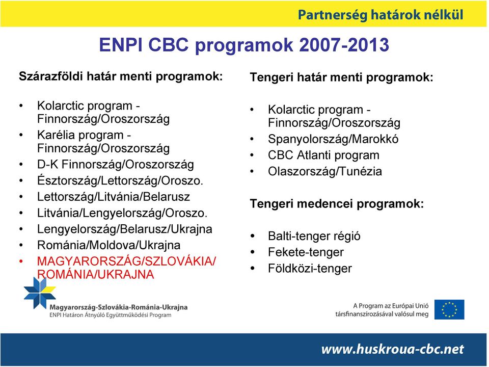 Lengyelország/Belarusz/Ukrajna Románia/Moldova/Ukrajna MAGYARORSZÁG/SZLOVÁKIA/ ROMÁNIA/UKRAJNA Tengeri határ menti programok: Kolarctic