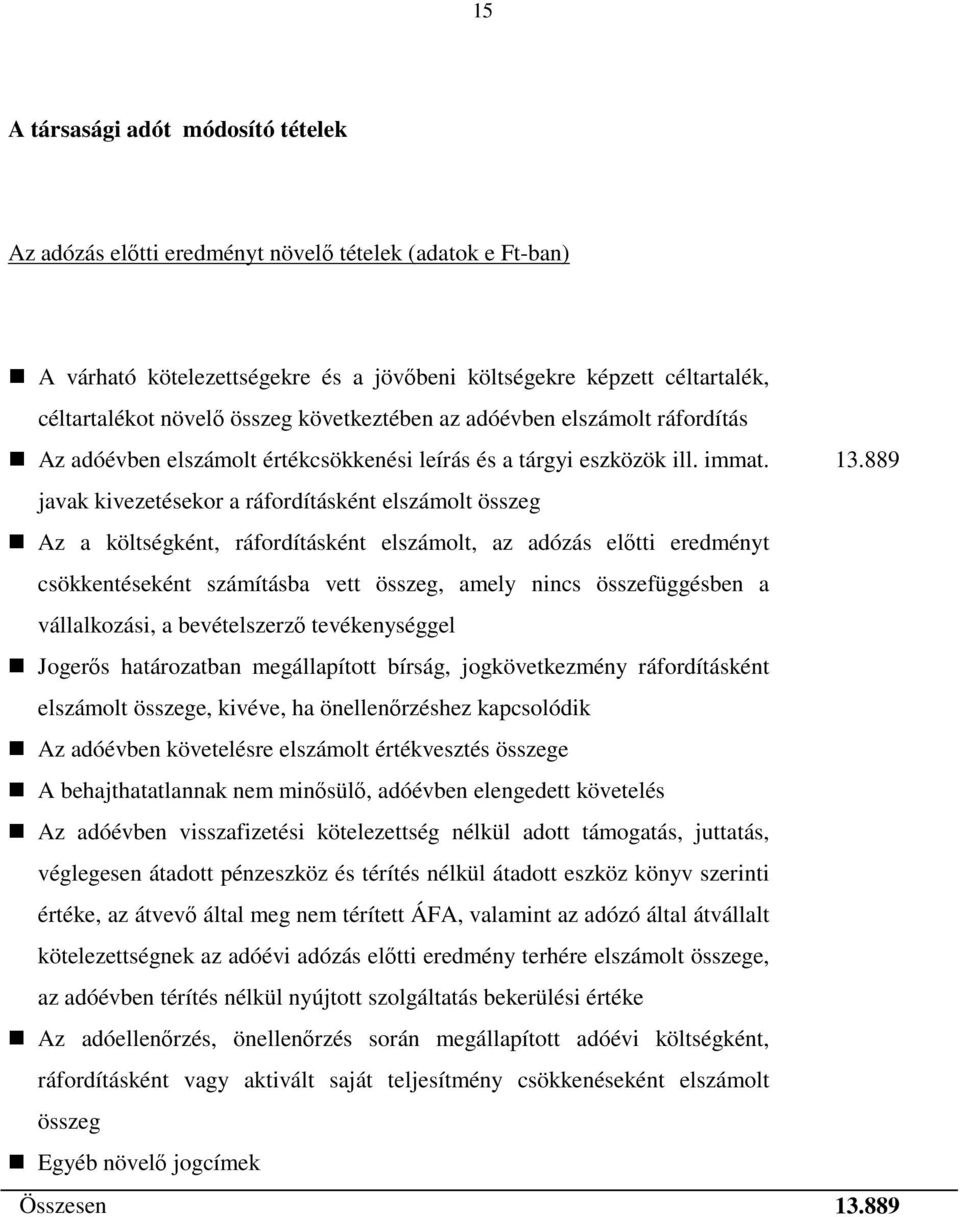 889 javak kivezetésekor a ráfordításként elszámolt összeg Az a költségként, ráfordításként elszámolt, az adózás elıtti eredményt csökkentéseként számításba vett összeg, amely nincs összefüggésben a