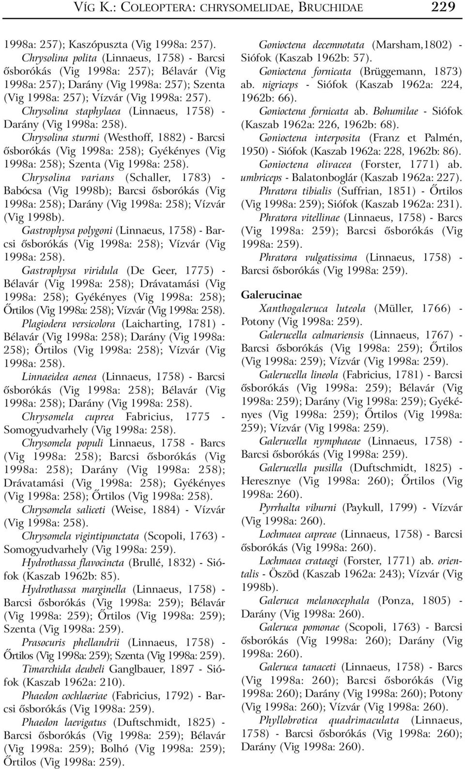 Chrysolina staphylaea (Linnaeus, 1758) - Darány (Vig 1998a: 258). Chrysolina sturmi (Westhoff, 1882) - Barcsi õsborókás (Vig 1998a: 258); Gyékényes (Vig 1998a: 258); Szenta (Vig 1998a: 258).