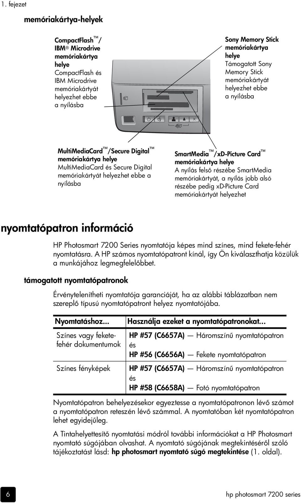 SmartMedia /xd-picture Card memóriakártya helye A nyílás fels részébe SmartMedia memóriakártyát, a nyílás jobb alsó részébe pedig xd-picture Card memóriakártyát helyezhet nyomtatópatron információ HP