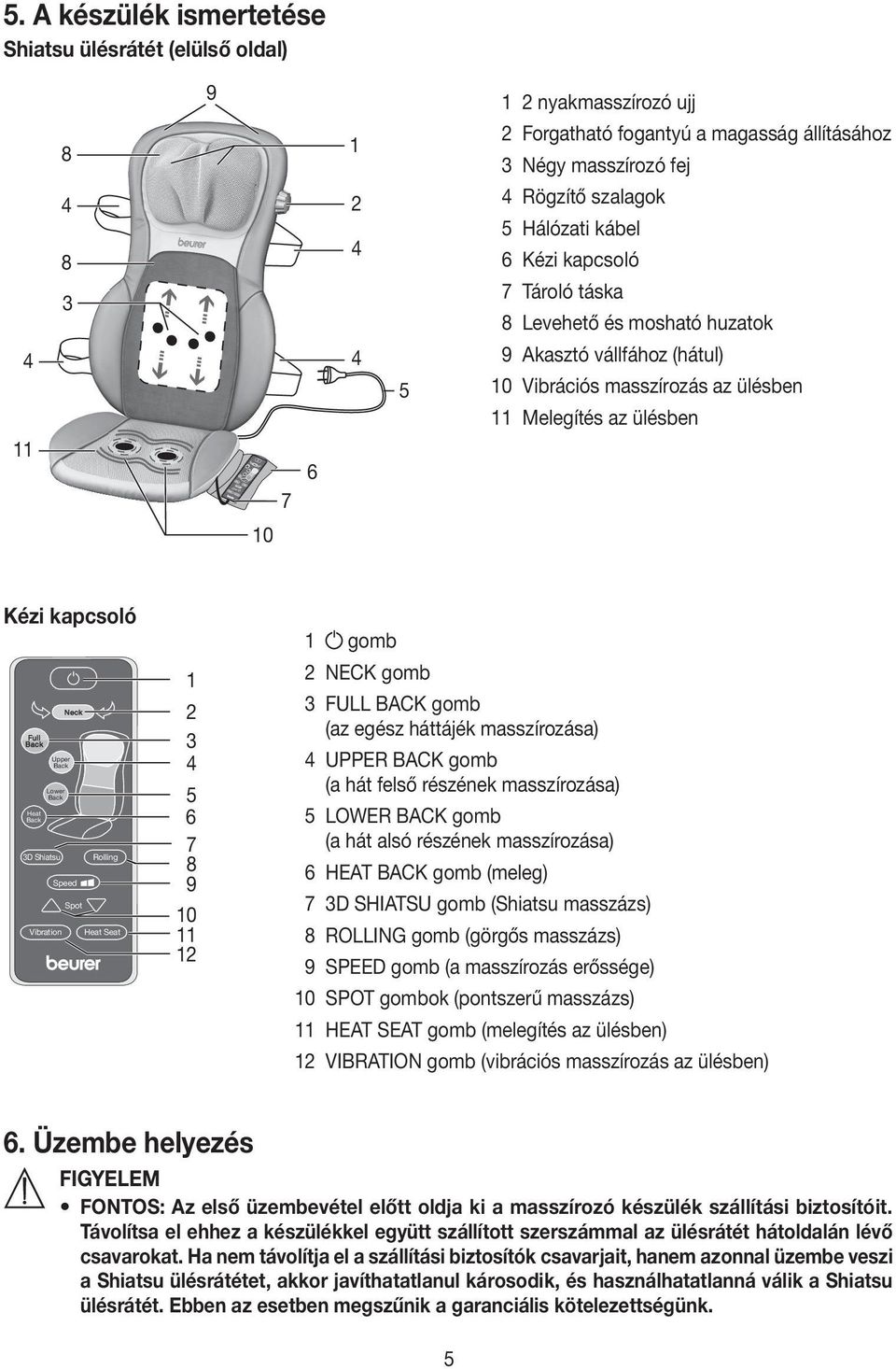 Lower Back 3D Shiatsu Upper Back Vibration Neck Speed Spot Rolling Heat Seat 1 2 3 5 6 7 8 9 10 11 12 1 gomb 2 NECK gomb 3 FULL BACK gomb (az egész háttájék masszírozása) UPPER BACK gomb (a hát felső