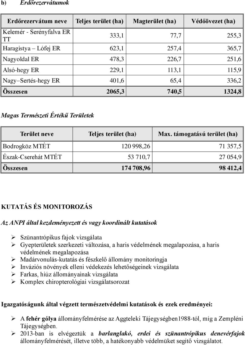 támogatású terület (ha) Bodrogköz MTÉT 120 998,26 71 357,5 Észak-Cserehát MTÉT 53 710,7 27 054,9 Összesen 174 708,96 98 412,4 KUTATÁS ÉS MONITOROZÁS Az ANPI által kezdeményezett és vagy koordinált