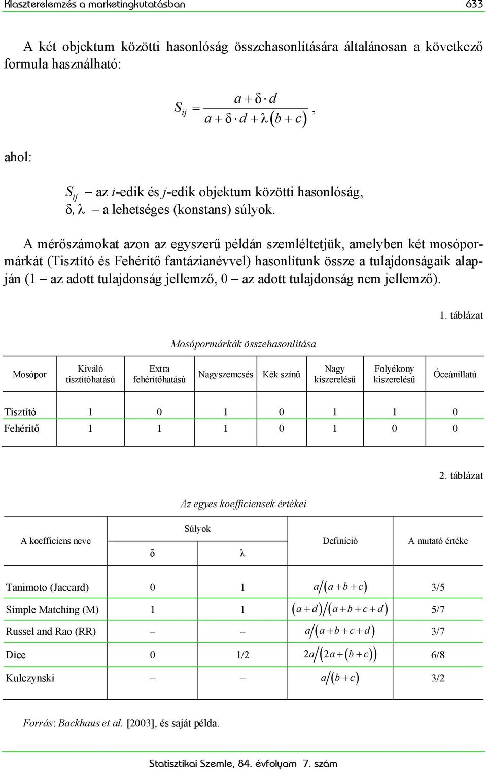 A mérőszámokat azon az egyszerű példán szemléltetjük, amelyben két mosópormárkát (Tisztító és Fehérítő fantázianévvel) hasonlítunk össze a tulajdonságaik alapján (1 az adott tulajdonság jellemző, 0