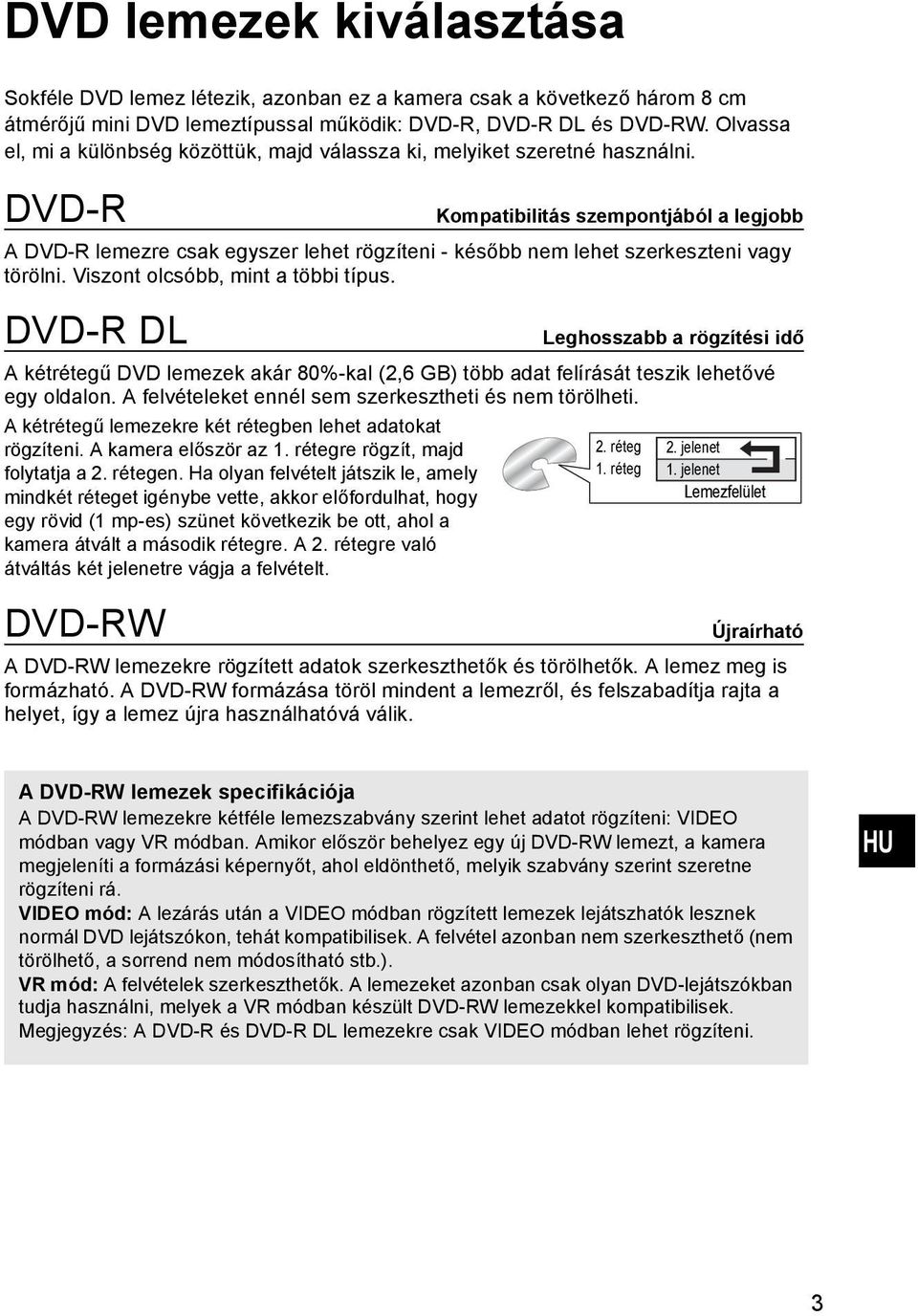 Viszont olcsóbb, mint a többi típus. DVD-R DL A kétrétegű DVD lemezek akár 80%-kal (2,6 GB) több adat felírását teszik lehetővé egy oldalon. A felvételeket ennél sem szerkesztheti és nem törölheti.