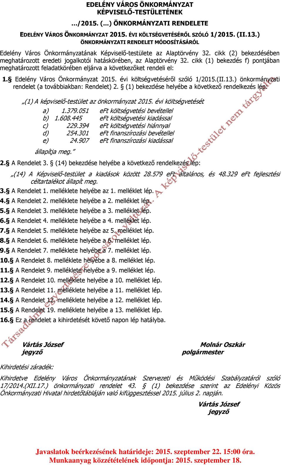 cikk (1) bekezdés f) pontjában meghatározott feladatkörében eljárva a következőket rendeli el: 1. Edelény Város Önkormányzat 2015. évi költségvetéséről szóló 1/2015.(II.13.