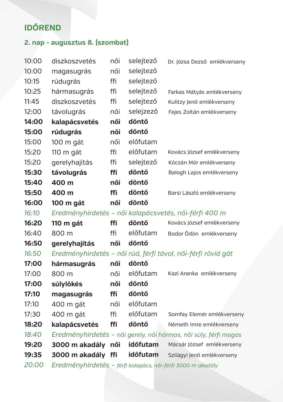 diszkoszvetés magasugrás rúdugrás hármasugrás diszkoszvetés távolugrás kalapácsvetés rúdugrás 100 m gát 110 m gát gerelyhajítás távolugrás 400 m 400 m 100 m gát selejzező Dr.