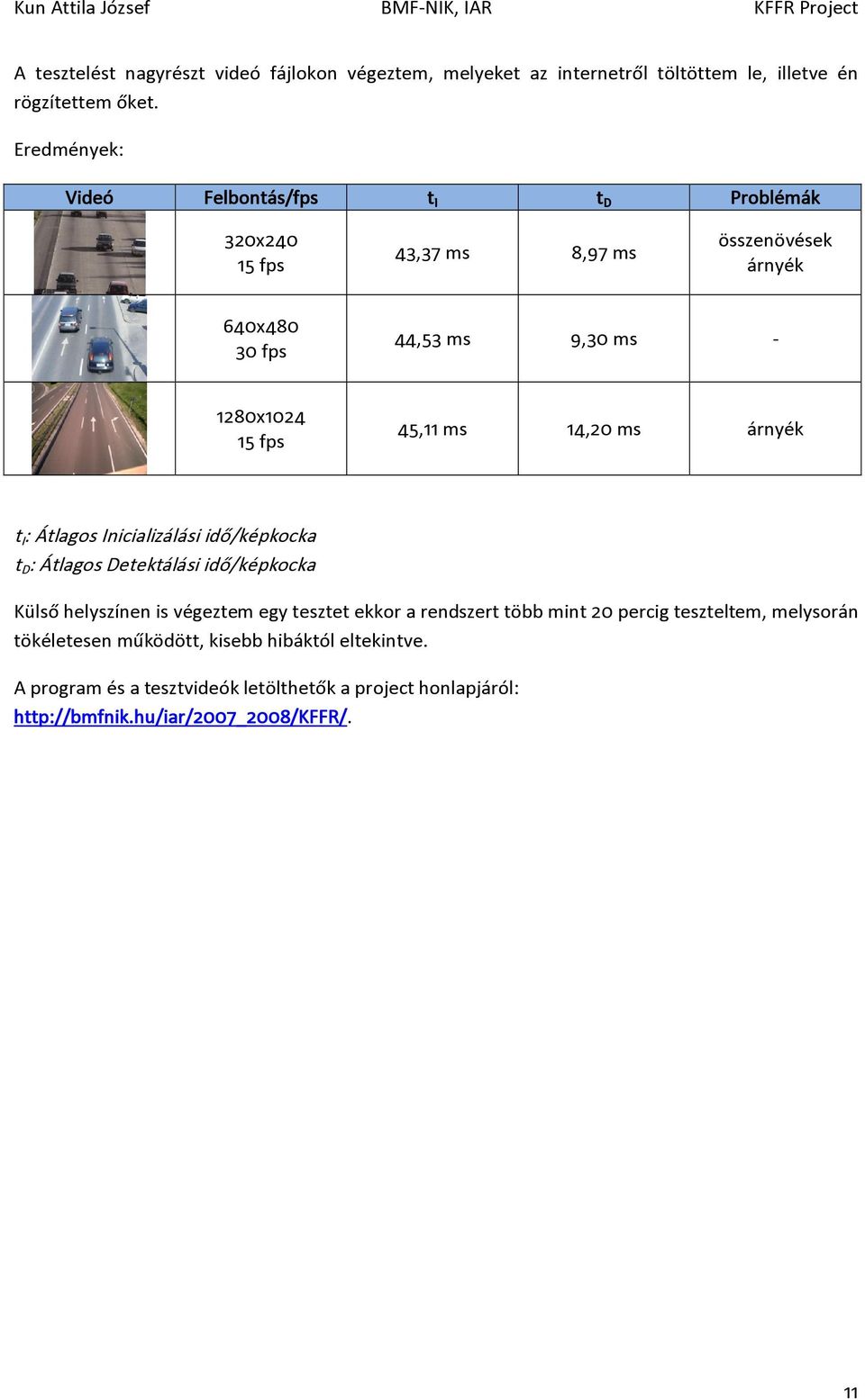 45,11 ms 14,20 ms árnyék t I : Átlagos Inicializálási idő/képkocka t D : Átlagos Detektálási idő/képkocka Külső helyszínen is végeztem egy tesztet ekkor a