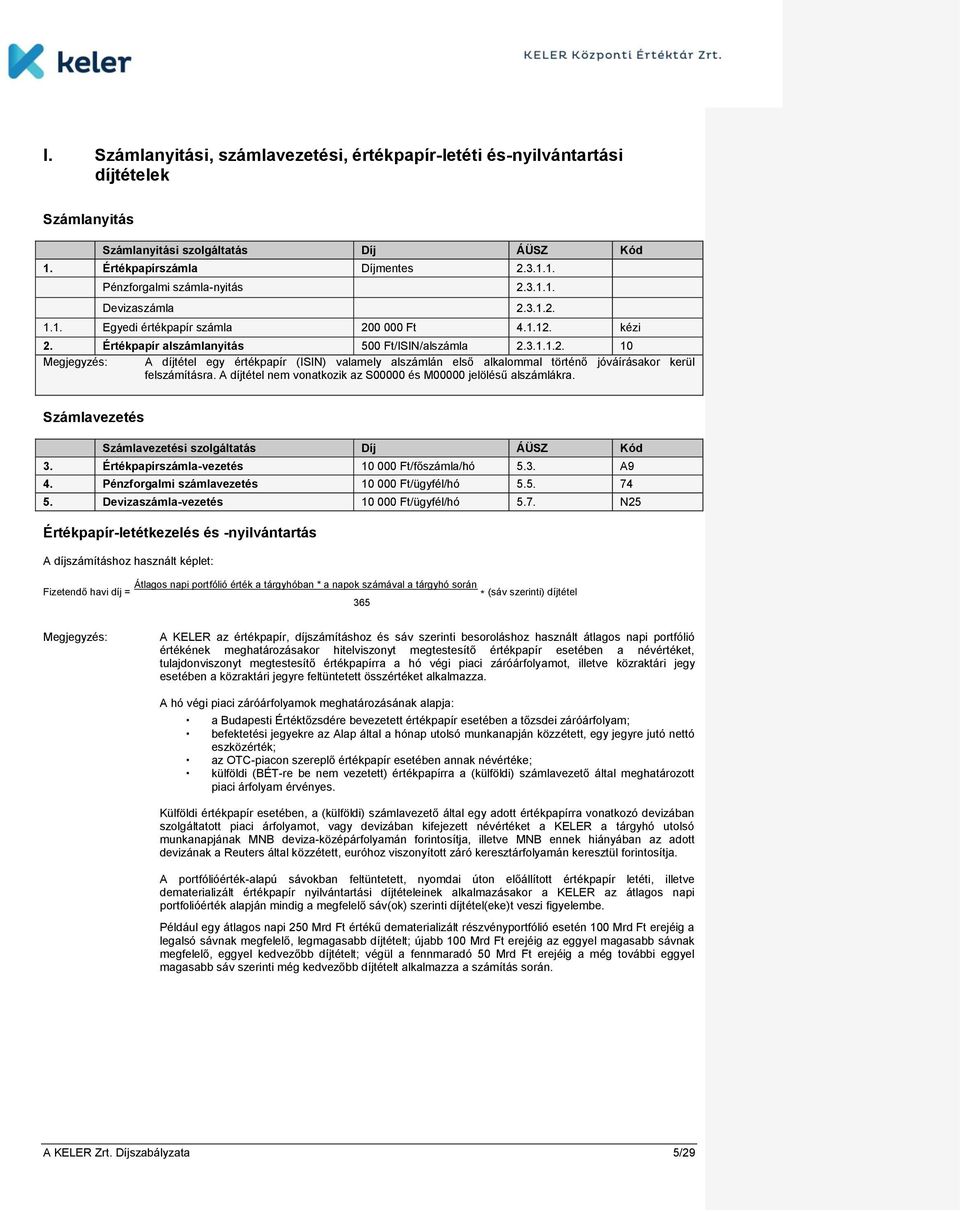 A díjtétel nem vonatkozik az S00000 és M00000 jelölésű alszámlákra. Számlavezetés Számlavezetési szolgáltatás Díj ÁÜSZ Kód 3. Értékpapírszámla-vezetés 10 000 Ft/főszámla/hó 5.3. A9 4.