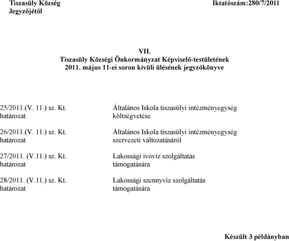 május 11-ei soron kívüli ülésének jegyzőkönyve 25/2011.(V. 11.) sz. Kt.