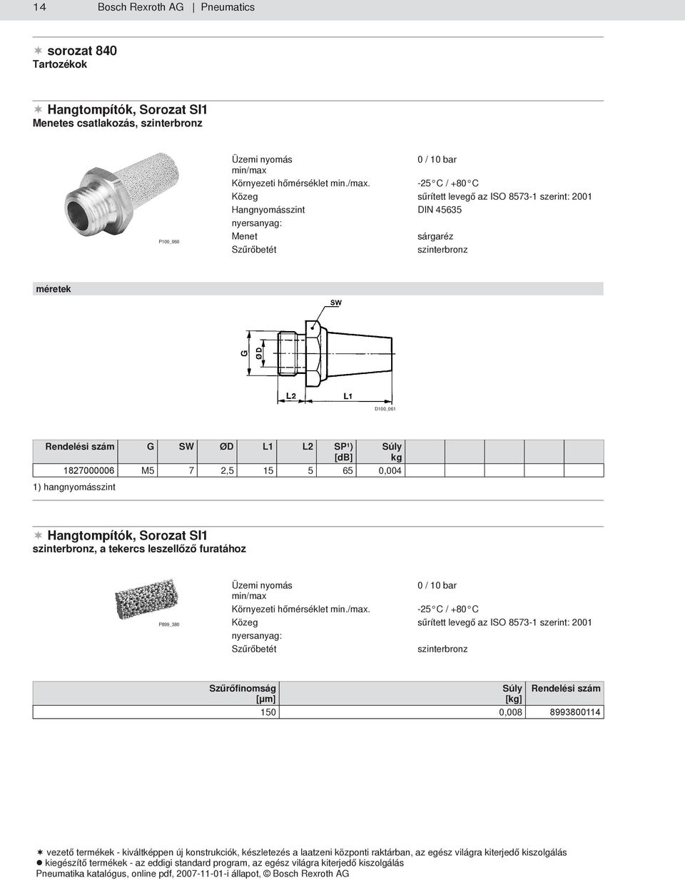 SP¹) [db] Súly kg 1827000006 M5 7 2,5 15 5 65 0,004 1) hangnyomásszint Hangtompítók, Sorozat SI1 szinterbronz, a tekercs leszellőző furatához P899_380 Üzemi nyomás 0 / 10 bar