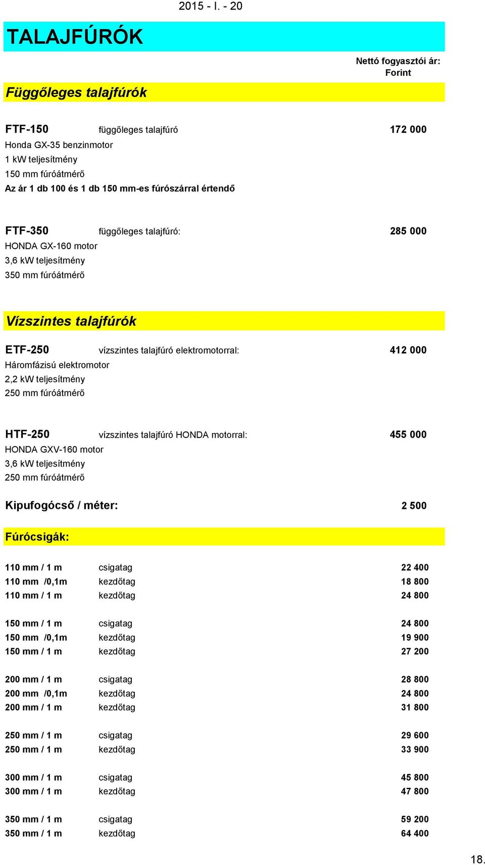 elektromotor 2,2 kw teljesítmény 250 mm fúróátmérő HTF-250 vízszintes talajfúró HONDA motorral: 455 000 HONDA GXV-160 motor 3,6 kw teljesítmény 250 mm fúróátmérő Kipufogócső / méter: 2 500