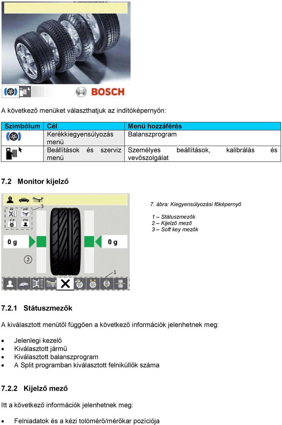 2.1 Státuszmezők A kiválasztott menütől függően a következő információk jelenhetnek meg: Jelenlegi kezelő Kiválasztott jármű Kiválasztott balanszprogram A