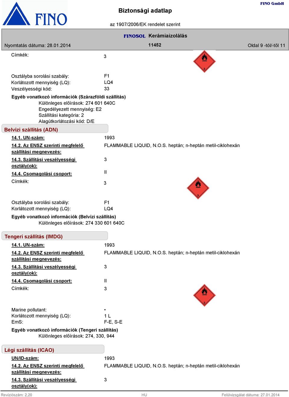 . Szállítási veszélyességi osztály(ok): 14.4. Csomagolási csoport: II Címkék: 199 FLAMMABLE LIQUID, N.O.S. heptán; n-heptán metil-ciklohexán Osztályba sorolási szabály: Korlátozott mennyiség (LQ): F1