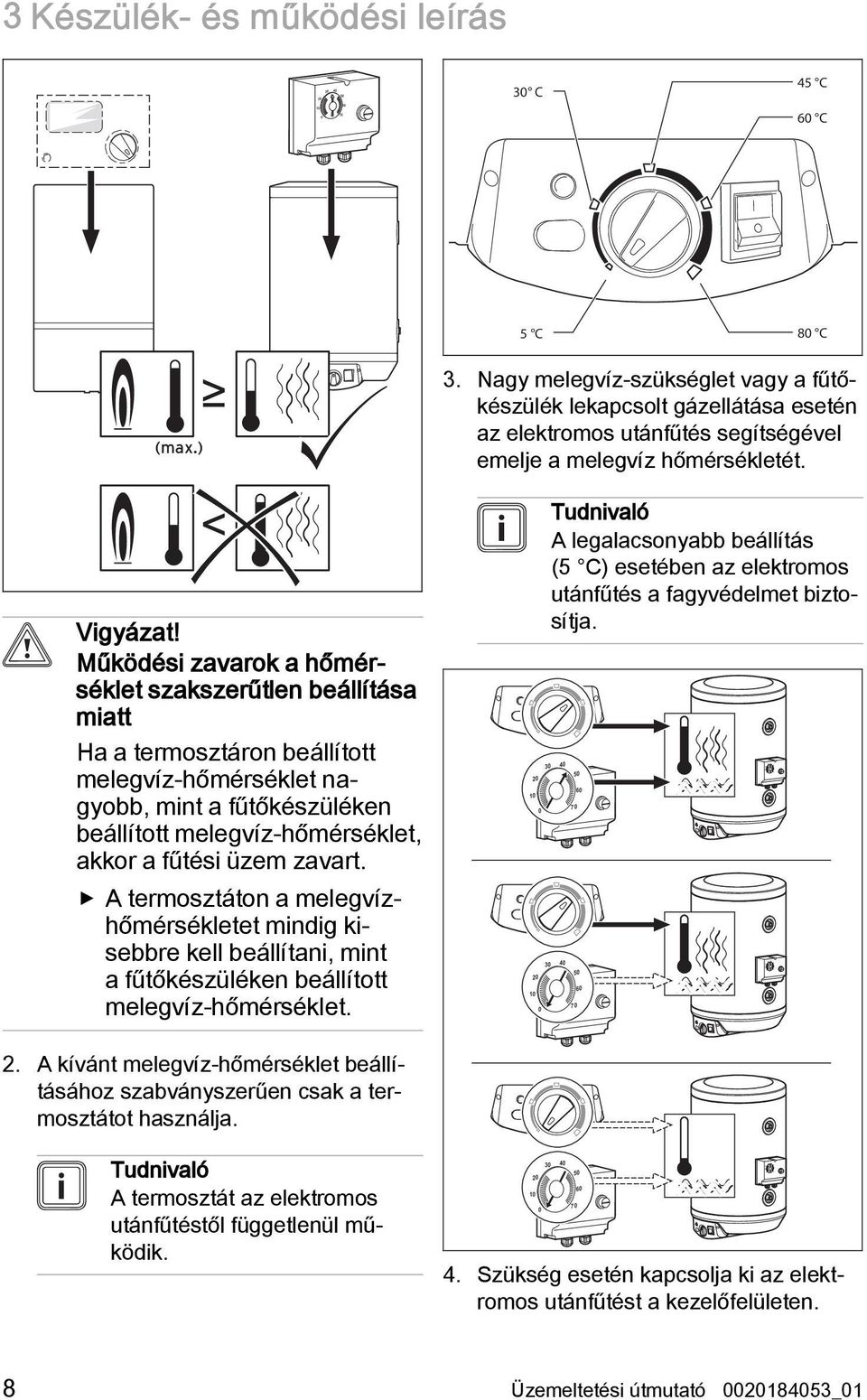 zavart. A termosztáton a melegvízhőmérsékletet mindig kisebbre kell beállítani, mint a fűtőkészüléken beállított melegvíz-hőmérséklet. 3.