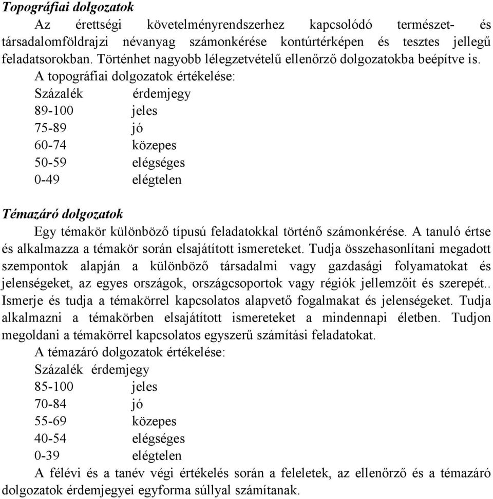 A topográfiai dolgozatok értékelése: Százalék érdemjegy 89-100 jeles 75-89 jó 60-74 közepes 50-59 elégséges 0-49 elégtelen Témazáró dolgozatok Egy témakör különböző típusú feladatokkal történő