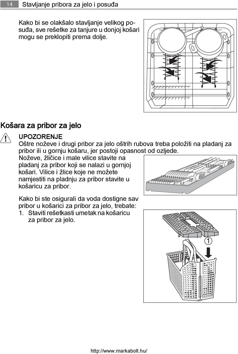 ozljede. Noževe, žličice i male vilice stavite na pladanj za pribor koji se nalazi u gornjoj košari.