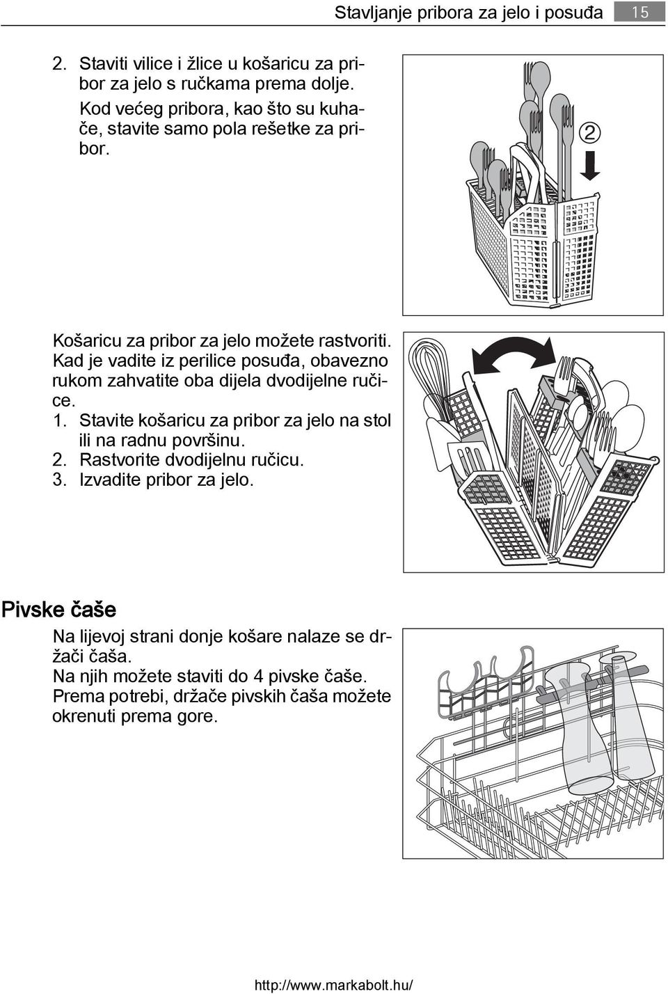 Kad je vadite iz perilice posuđa, obavezno rukom zahvatite oba dijela dvodijelne ručice. 1. Stavite košaricu za pribor za jelo na stol ili na radnu površinu.