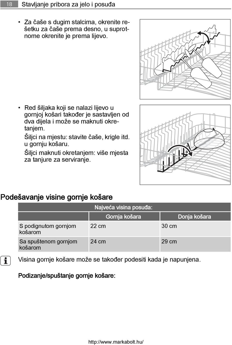 u gornju košaru. Šiljci maknuti okretanjem: više mjesta za tanjure za serviranje.