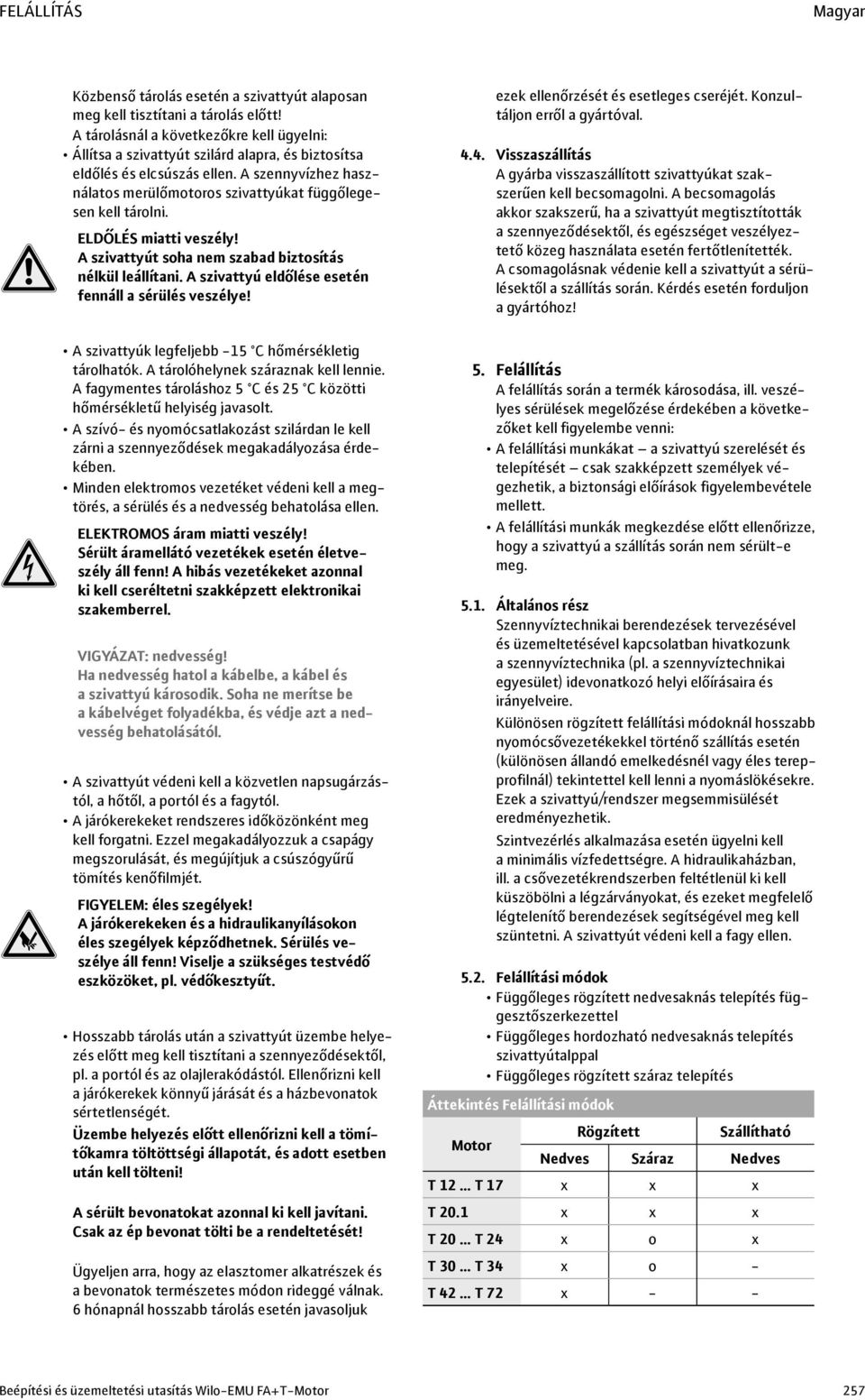 A szennyvízhez használatos merülőmotoros szivattyúkat függőlegesen kell tárolni. ELDŐLÉS miatti veszély! A szivattyút soha nem szabad biztosítás nélkül leállítani.